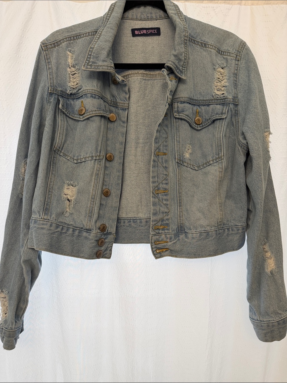 Blue Spice Light Wash Distressed Cropped Denim Jacket